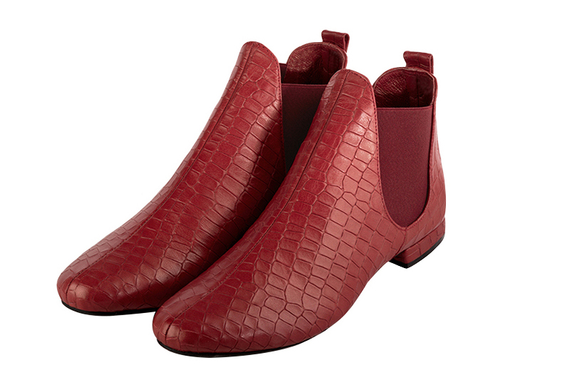 Scarlet red women's ankle boots, with elastics. Round toe. Flat block heels. Front view - Florence KOOIJMAN